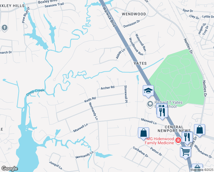 map of restaurants, bars, coffee shops, grocery stores, and more near 117 Archer Road in Newport News