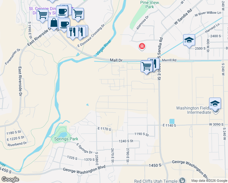 map of restaurants, bars, coffee shops, grocery stores, and more near 2780 East Street in St. George