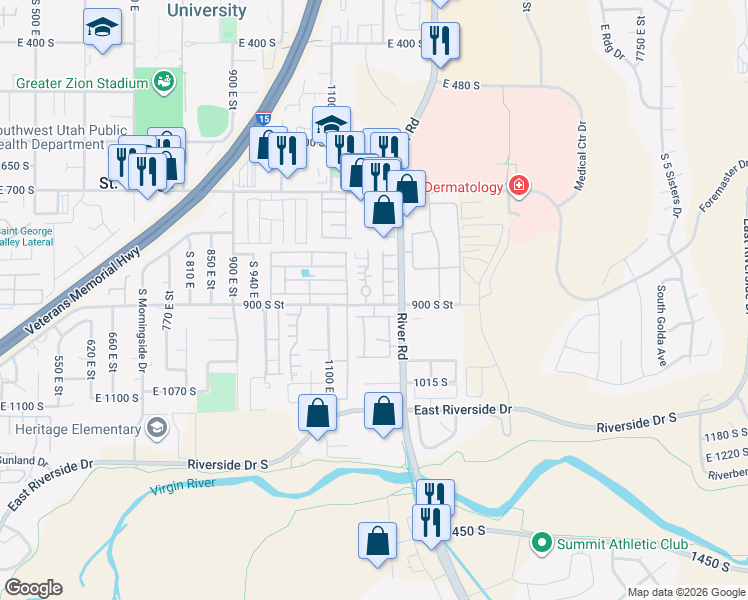 map of restaurants, bars, coffee shops, grocery stores, and more near 1175 East 900 South in St. George