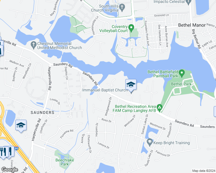 map of restaurants, bars, coffee shops, grocery stores, and more near 48 Avella Court in Newport News