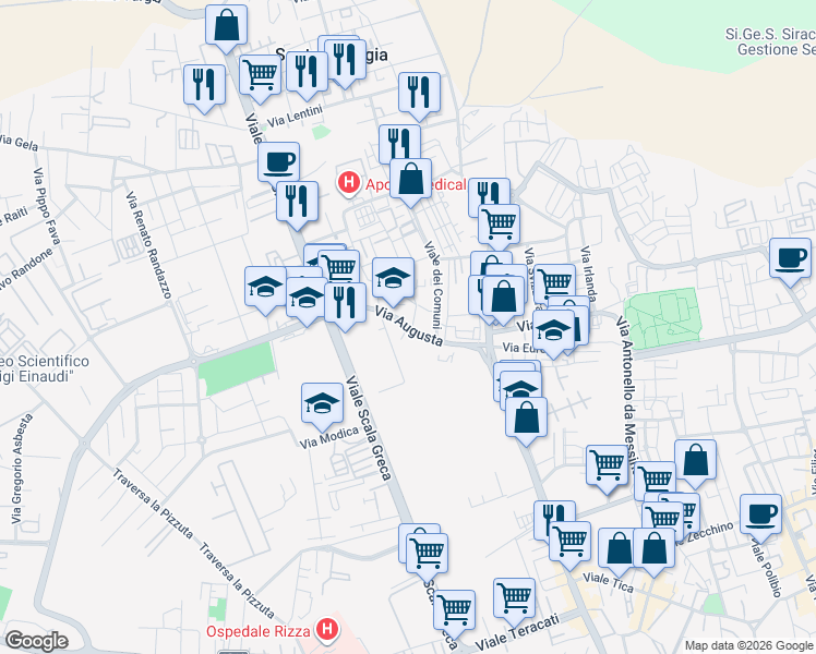 map of restaurants, bars, coffee shops, grocery stores, and more near 29 Via Augusta in Siracusa