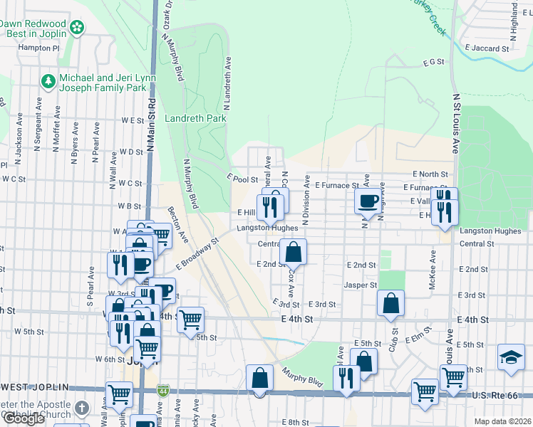 map of restaurants, bars, coffee shops, grocery stores, and more near 198 North Mineral Avenue in Joplin