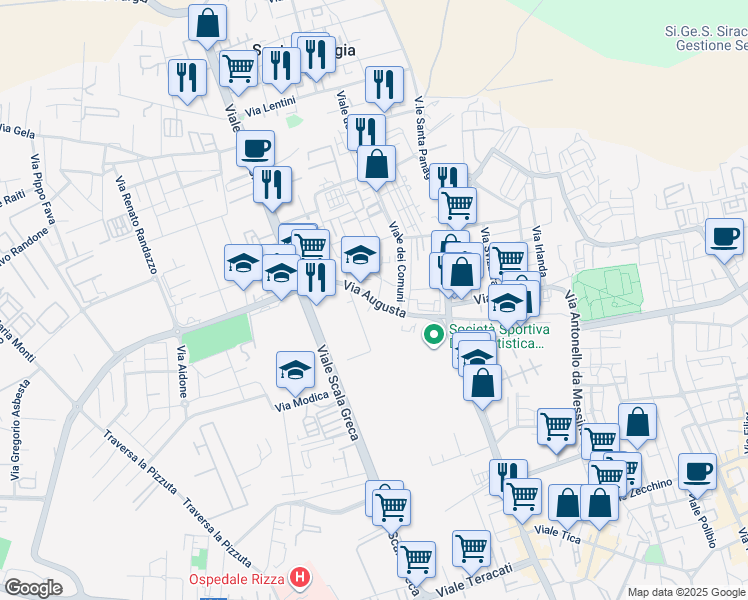 map of restaurants, bars, coffee shops, grocery stores, and more near 29 Via Augusta in Siracusa