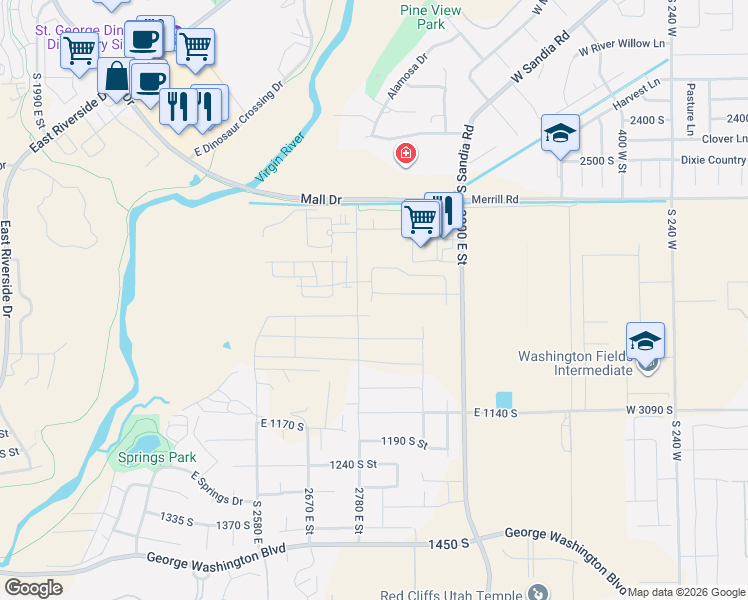 map of restaurants, bars, coffee shops, grocery stores, and more near 2826 Church Oak Drive in St. George