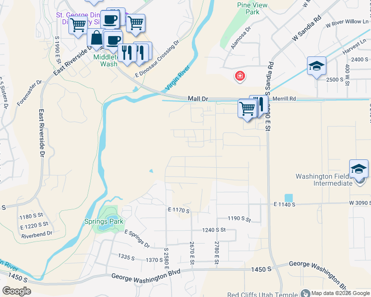 map of restaurants, bars, coffee shops, grocery stores, and more near 2780 East Street in St. George