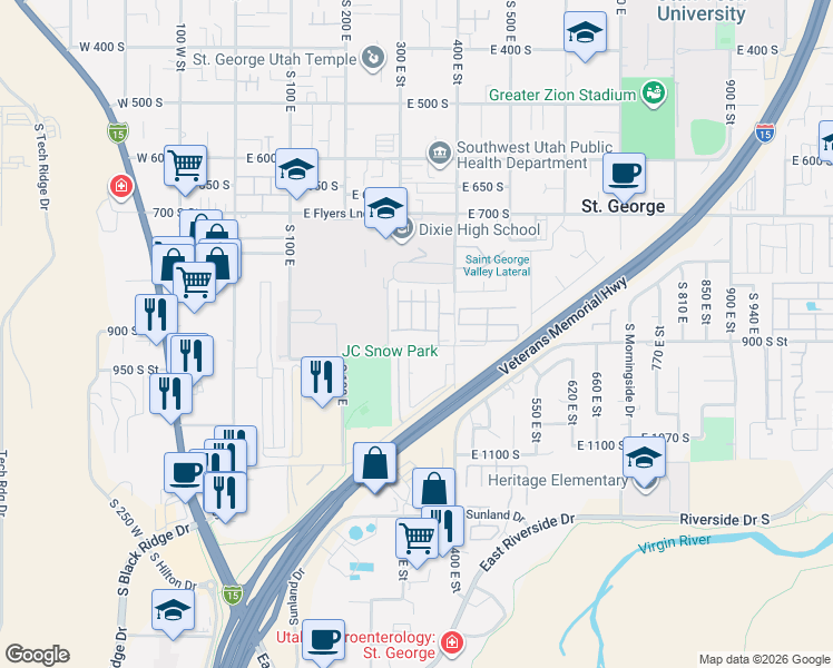 map of restaurants, bars, coffee shops, grocery stores, and more near in St. George