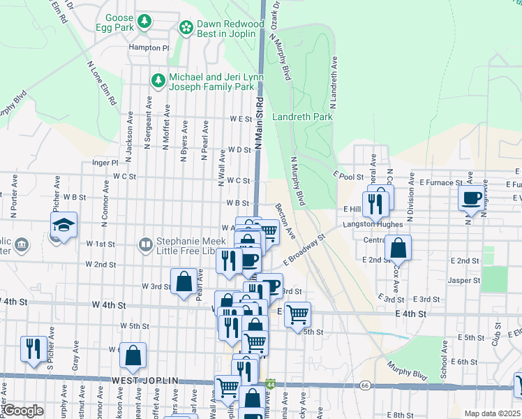map of restaurants, bars, coffee shops, grocery stores, and more near 209 North Joplin Avenue in Joplin
