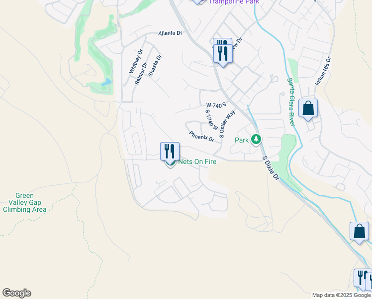map of restaurants, bars, coffee shops, grocery stores, and more near 1839 West Canyon View Drive in St. George