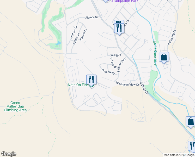map of restaurants, bars, coffee shops, grocery stores, and more near 1839 West Canyon View Drive in St. George
