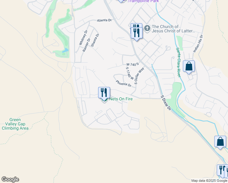 map of restaurants, bars, coffee shops, grocery stores, and more near 1839 West Canyon View Drive in St. George