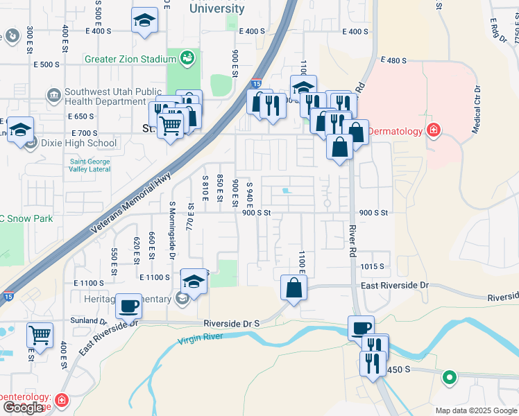 map of restaurants, bars, coffee shops, grocery stores, and more near 90 1050 East in Saint George