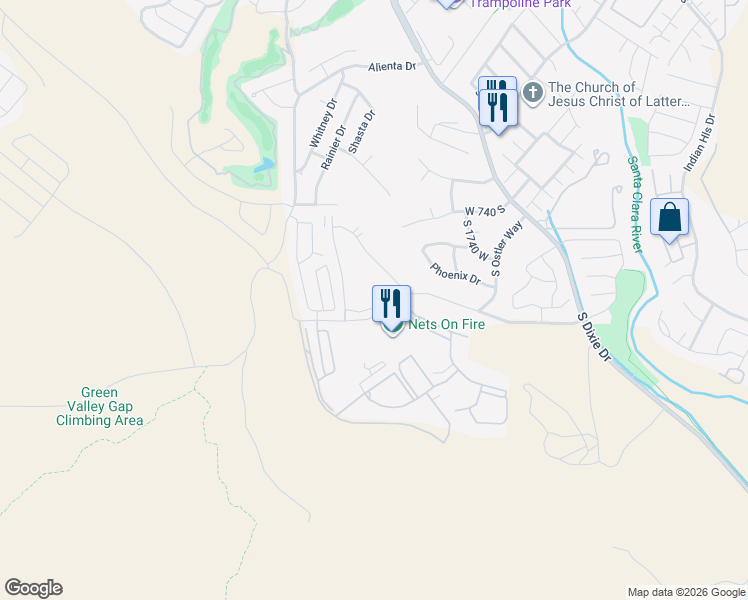 map of restaurants, bars, coffee shops, grocery stores, and more near 1999 West Canyon View Drive in St. George
