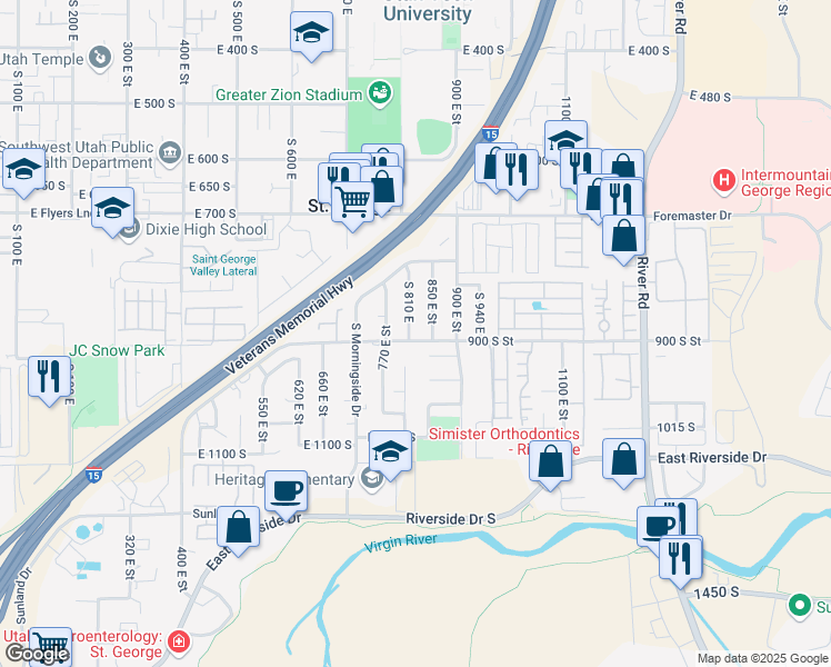 map of restaurants, bars, coffee shops, grocery stores, and more near 887 South 810 East in St. George