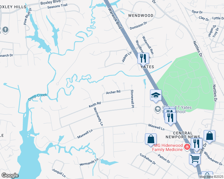 map of restaurants, bars, coffee shops, grocery stores, and more near 117 Archer Road in Newport News