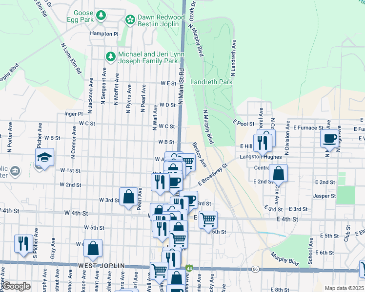 map of restaurants, bars, coffee shops, grocery stores, and more near 209 North Joplin Avenue in Joplin