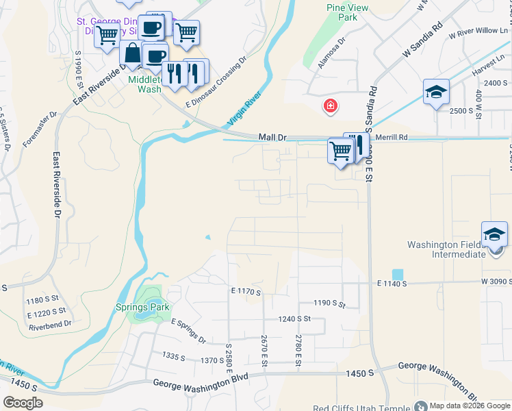map of restaurants, bars, coffee shops, grocery stores, and more near 2780 East Street in St. George