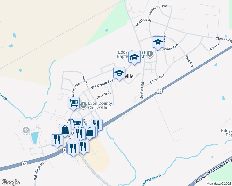 map of restaurants, bars, coffee shops, grocery stores, and more near 201-213 Hillwood Street in Eddyville