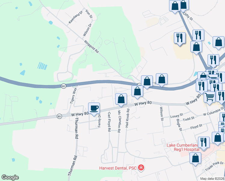 map of restaurants, bars, coffee shops, grocery stores, and more near Bluegrass Road in Somerset