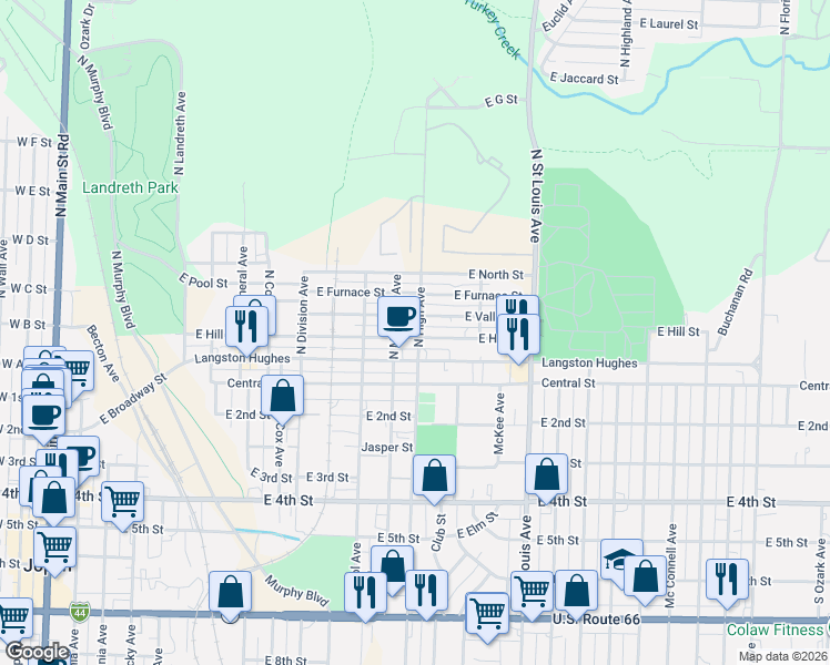 map of restaurants, bars, coffee shops, grocery stores, and more near 1321 East Broadway Street in Joplin