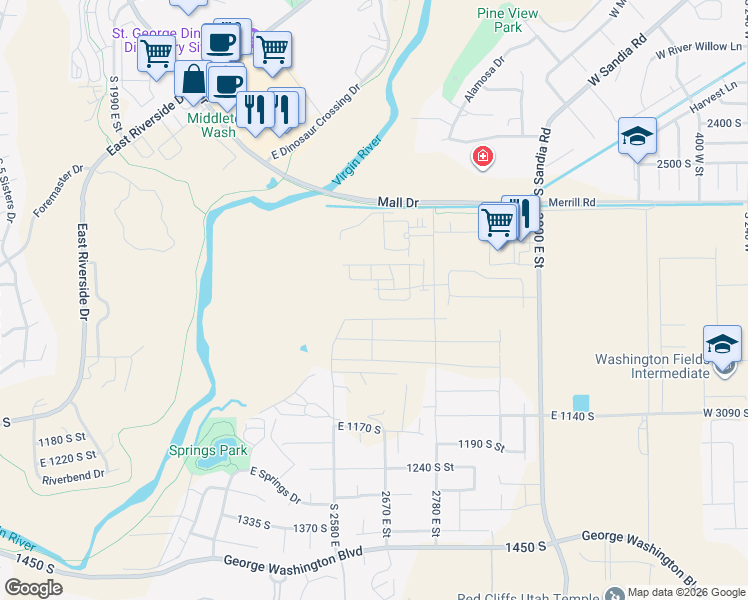 map of restaurants, bars, coffee shops, grocery stores, and more near 2780 East Street in St. George