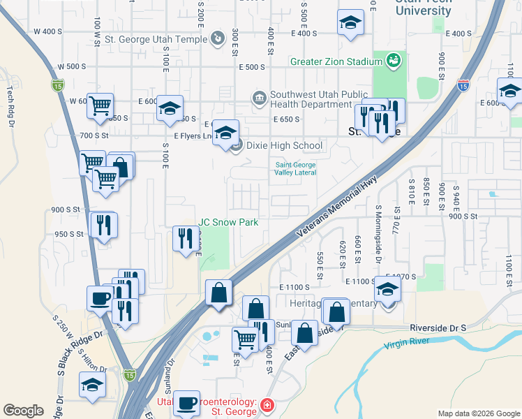 map of restaurants, bars, coffee shops, grocery stores, and more near 950 South 400 East in St. George