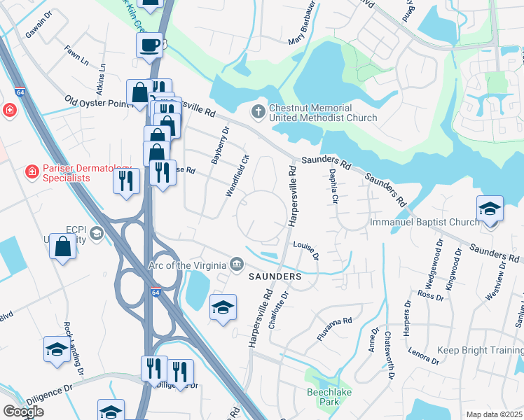 map of restaurants, bars, coffee shops, grocery stores, and more near 955 Harpersville Road in Newport News