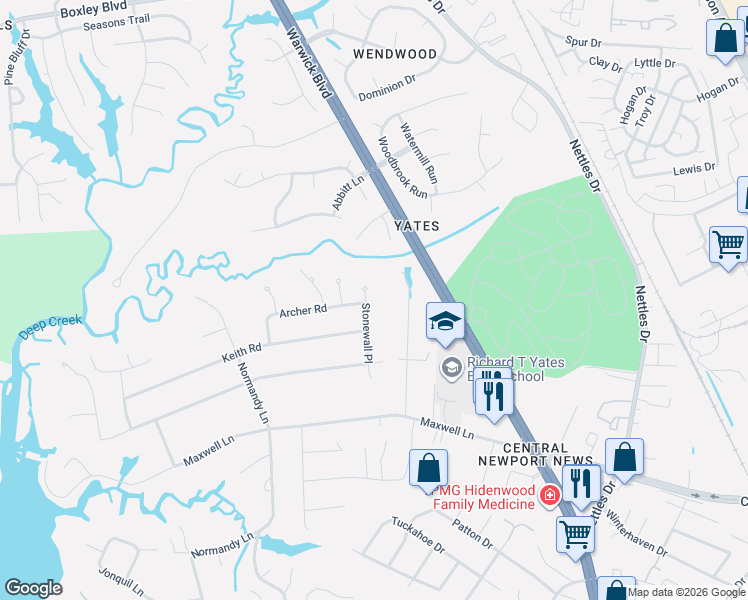 map of restaurants, bars, coffee shops, grocery stores, and more near 110 Stonewall Place in Newport News