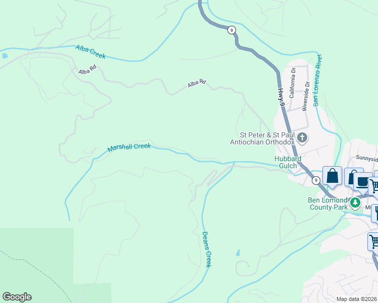 map of restaurants, bars, coffee shops, grocery stores, and more near 616 Hubbard Gulch Road in Ben Lomond