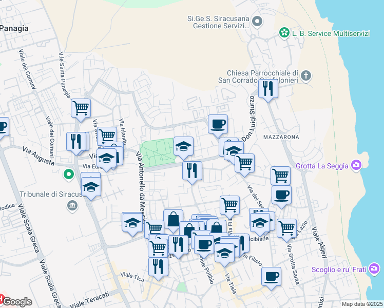 map of restaurants, bars, coffee shops, grocery stores, and more near 3 Via Francesco Accolla in Siracusa