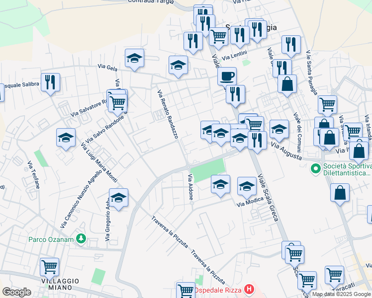 map of restaurants, bars, coffee shops, grocery stores, and more near 29 Via Aidone in Siracusa