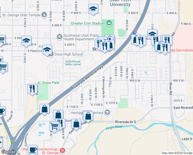 map of restaurants, bars, coffee shops, grocery stores, and more near 701 East 900 South in St. George