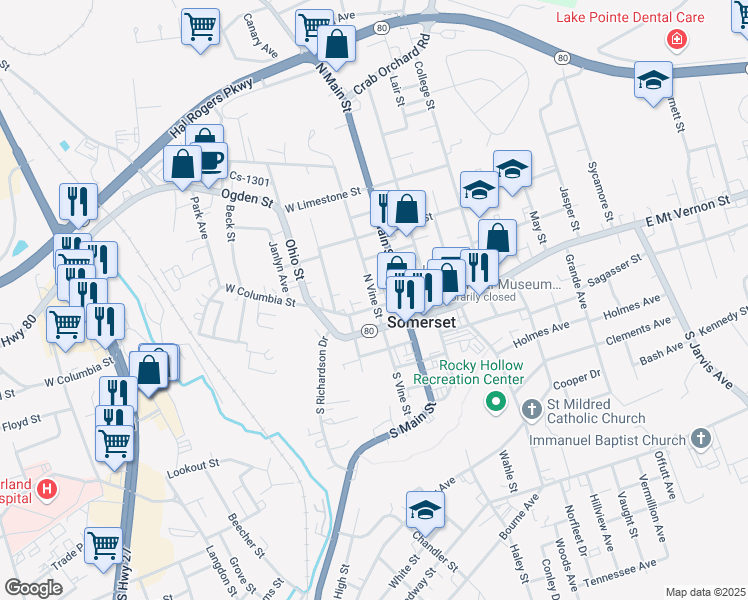 map of restaurants, bars, coffee shops, grocery stores, and more near 206 North Vine Street in Somerset