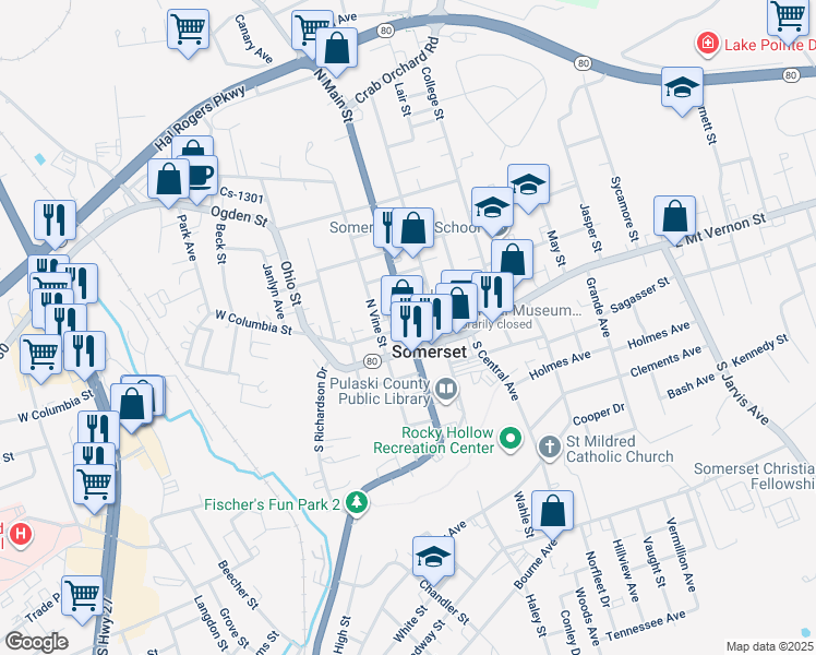 map of restaurants, bars, coffee shops, grocery stores, and more near 116 North Main Street in Somerset