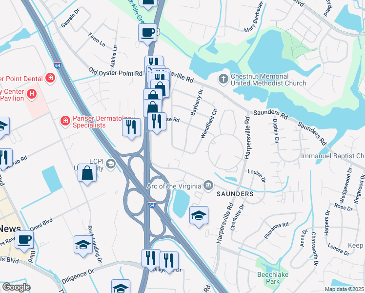 map of restaurants, bars, coffee shops, grocery stores, and more near 98 Wendfield Circle in Newport News