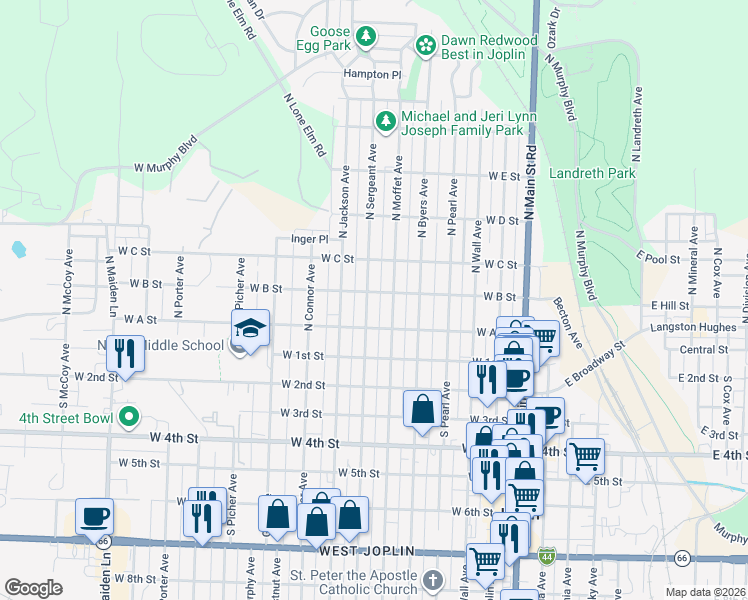 map of restaurants, bars, coffee shops, grocery stores, and more near 307 North Sergeant Avenue in Joplin