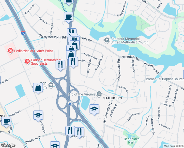 map of restaurants, bars, coffee shops, grocery stores, and more near 105 Bayberry Drive in Newport News