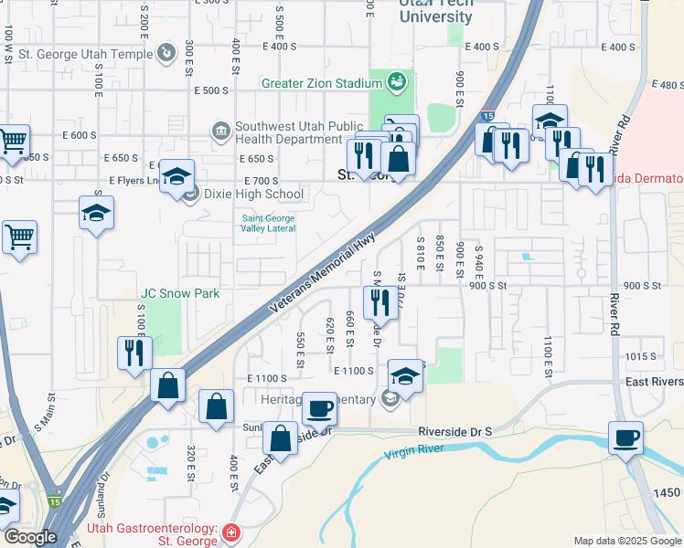 map of restaurants, bars, coffee shops, grocery stores, and more near 701 East 900 South in St. George