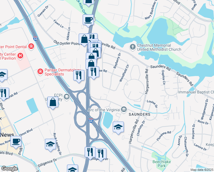 map of restaurants, bars, coffee shops, grocery stores, and more near 98 Wendfield Circle in Newport News