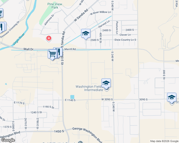 map of restaurants, bars, coffee shops, grocery stores, and more near 2794 Woodrow Lane in St. George