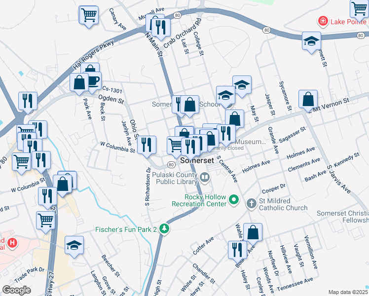 map of restaurants, bars, coffee shops, grocery stores, and more near 116 North Main Street in Somerset