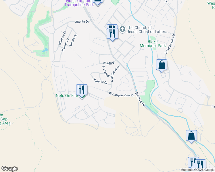 map of restaurants, bars, coffee shops, grocery stores, and more near 1711 Phoenix Drive in St. George