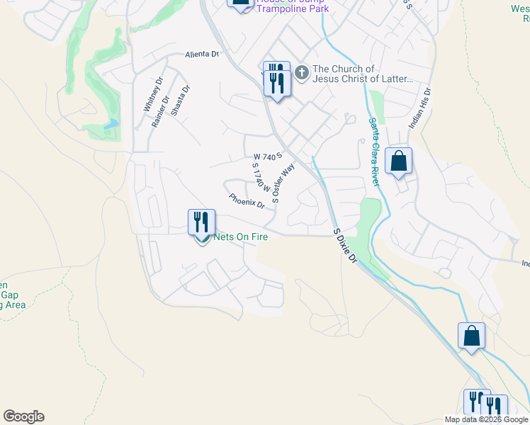 map of restaurants, bars, coffee shops, grocery stores, and more near 1711 Phoenix Drive in St. George