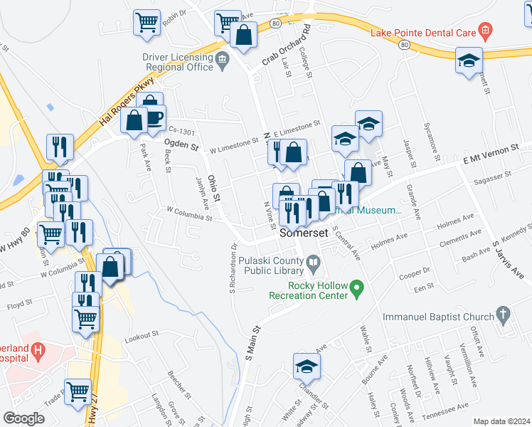 map of restaurants, bars, coffee shops, grocery stores, and more near 206 North Vine Street in Somerset