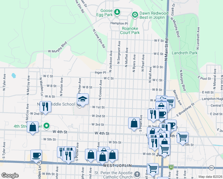 map of restaurants, bars, coffee shops, grocery stores, and more near 305 North Jackson Avenue in Joplin