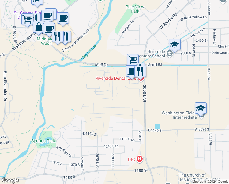 map of restaurants, bars, coffee shops, grocery stores, and more near 628 South 3000 East in St. George