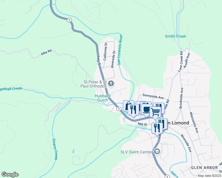map of restaurants, bars, coffee shops, grocery stores, and more near 9980 Highway 9 in Ben Lomond