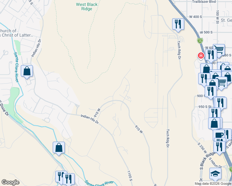map of restaurants, bars, coffee shops, grocery stores, and more near Temple Quarry Trail in St. George