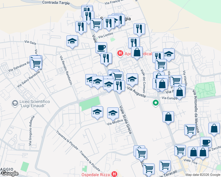 map of restaurants, bars, coffee shops, grocery stores, and more near 248 Viale Scala Greca in Siracusa