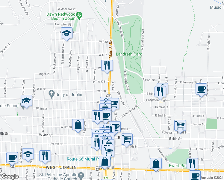 map of restaurants, bars, coffee shops, grocery stores, and more near 303 North Main Street in Joplin