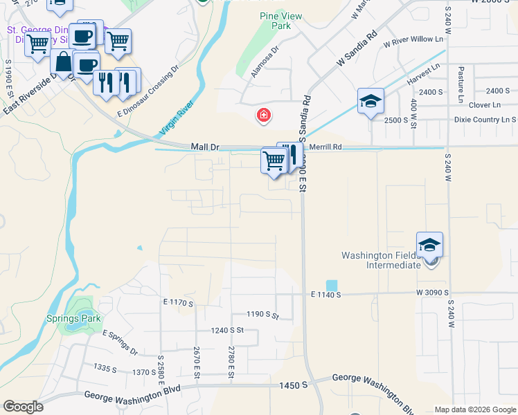 map of restaurants, bars, coffee shops, grocery stores, and more near 836 South Black Alder Drive in St. George